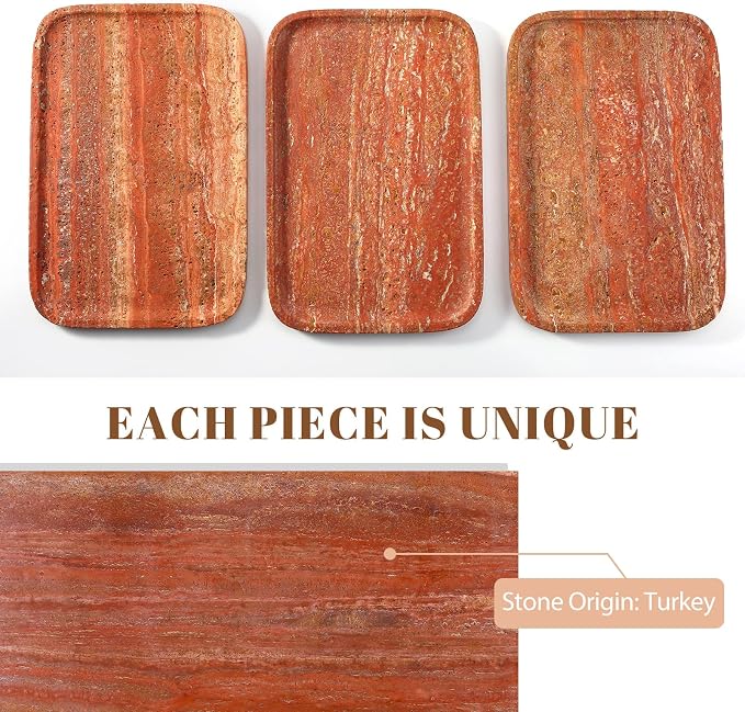 Koville Red Travertine Tray, 12"x8" Natural Stone Vanity Tray for Countertop Bathroom Kitchen Dresser, Decorative Marble Catchall Trays for Perfume Jewelry, Rectangular Serving Tray