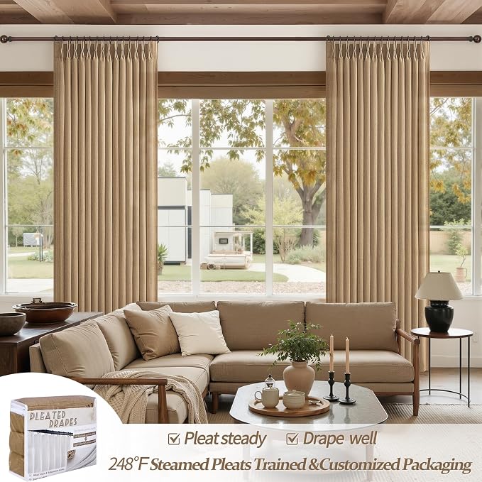 Rust Brown Pleated Flax Linen 102 Inch Extra Long Curtains for Sliding Glass Doors, Memory Shape Pinch Pleat Light Filtering Semi Sheer Country Window Drapes Bedroom Privacy Viral Curtain 2 Panels Set