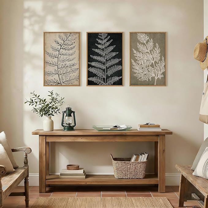KAIRNE Vintage Botanical Fern Framed Canvas Wall Art Set, Retro Fern Leaf Wall Decor, Rustic Black Tan Art Prints, Modern Minimalist Leaves Artwork for Living Room,Bedroom,Farmhouse,Office-24 x36 x3