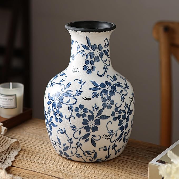 SURE YUESI Blue and White Flower Vase Vintage Chinoiserie Floral Ceramic Vase Handcrafted Round Flower Vase for Home Decor Centerpieces Living Room, Bookshelf, Office Rustic Table Centerpiece 9 in