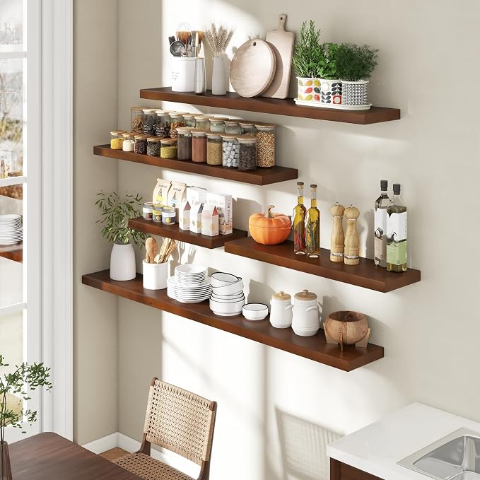 Axeman 36 Inch Floating Shelves for Wall, 9.3" Deep High End Solid Real Wood Wall Shelves with Heavy Duty Invisible Bracket for Living Room, Bedroom, Kitchen, Bathroom, Set of 2, Walnut Finish