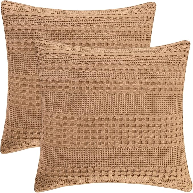 PHF 100% Cotton Waffle Weave Euro Sham Covers, 2 Pack 26" x 26" Bed Pillow Covers for Elegant Home Decor, No Filling, Luxury Aesthetic Soft Euro Pillow Cases for Bed, Clay