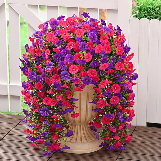 Dolicer 4 Pack Look Real Artificial Flowers for Outdoors, Fake Artificial Hanging Flowers for Outdoors Realistic UV Resistant Hanging Flowers Silk Petunia Faux Flowers for Porch Patio(Purple+Rose Red)
