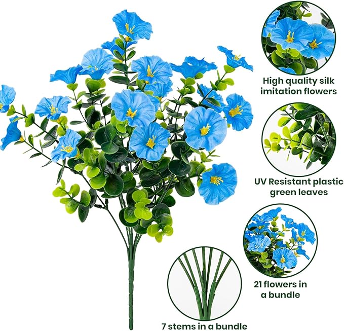 Nigirior Artificial Faux Flowers for Outdoor 16 Bundles Boxwood Fake Morning Glory for Planter,UV Resistant Fake Flowers for Home Porch Patio Outside（Blue）