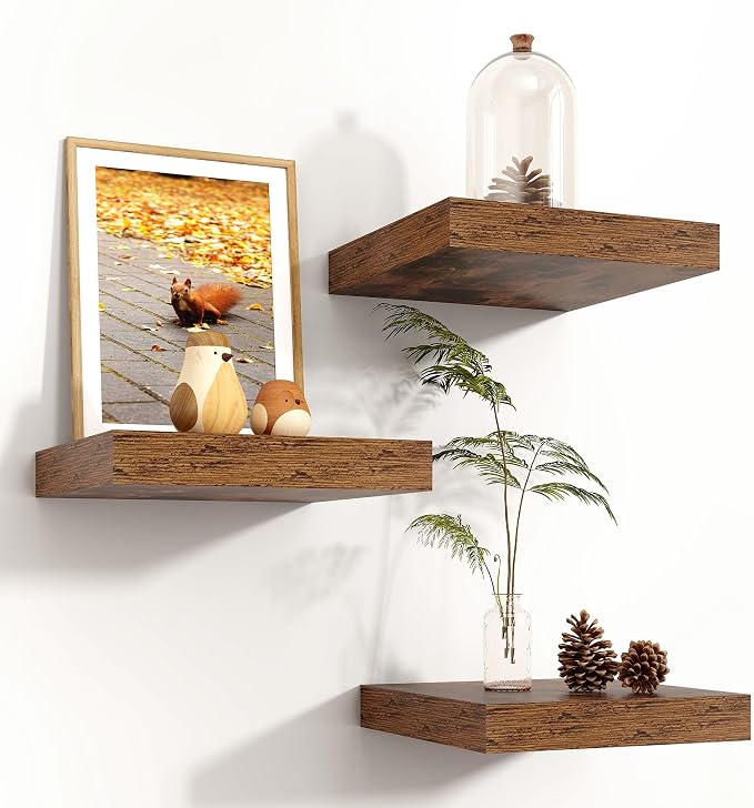 8"x8" Square Floating Shelves for Wall, Rustic Brown Finish, 3-Pack | Engineered Wood Wall Shelves with Invisible Brackets for Living Room, Bedroom, Bathroom, Office & Kitchen Storage