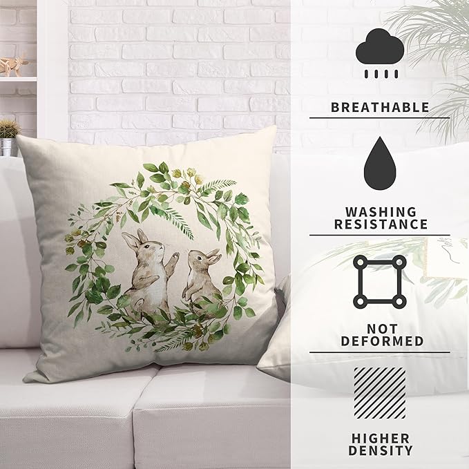Spring Easter Throw Pillow Case Set of 2 Bunny Leaves Wreath Garland Cushion Covers for Easter Decorations Couch Sofa He is Risen Cross Pillowcase 16x16