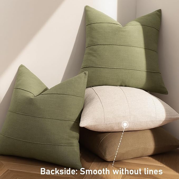 ZWJD Christmas Linen Throw Pillow Covers 20x20 Set of 2 Solid Handcrafted Striped Cushion Covers for Bed Soft Xmas Decorative Pillow Covers for Couch Bedroom Living Room Christmas Decor(Olive Green)