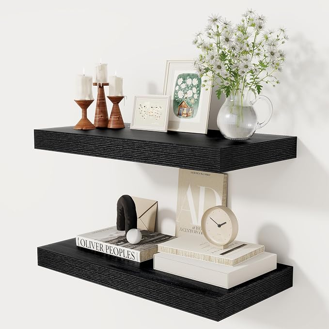 12 Inch Deep Black Floating Shelves, 24 x 12 Floating Shelf for Books, Rustic Wood Deep Wall Shelves for Home Storage & Display, 2" Thicked Shelves for Kitchen, Living Room, Bedroom, 2 Pack