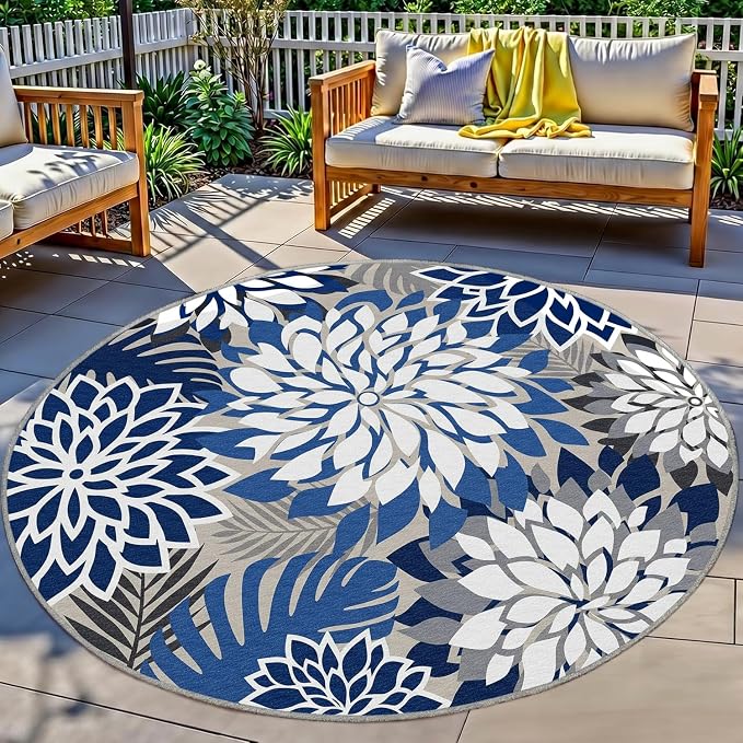 6x6 Outdoor Area Rug Washable Multicolored Patio Rug Tropical Botanical Floral Chenille Waterproof Outdoor Carpet Non-Slip for Patio, Deck, Backyard, Porch, Blue