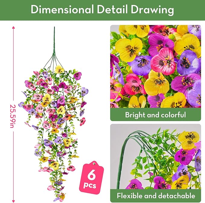 Serwalin Artificial Fake Hanging Flowers for Outdoors Planters,6PCS UV Resistant Faux Pansy Spring Flowers for Outside Porch Patio Garden Window Box (Mixed Colors)
