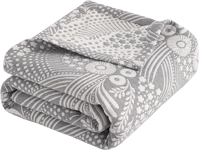 NTBAY 3 Layers Cotton Muslin 68x92 Twin Bed Blanket, Super Soft Breathable Thermal Yarn Dyed Quilt for Adults, Perfect Lightweight Blanket for Couch Sofa Bed All Seasons, Grey Star and Wheat