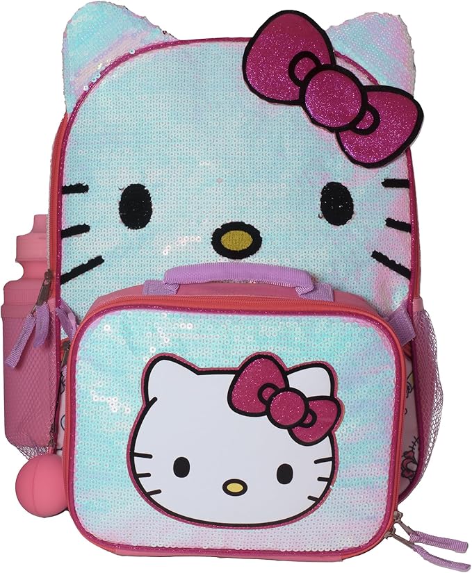 AI ACCESSORY INNOVATIONS Hello Kitty Girls 4 Piece Backpack Set, Iridescent Flip Sequin 16" School Bag with 3D Features, Front Zip Pocket, Pink & White