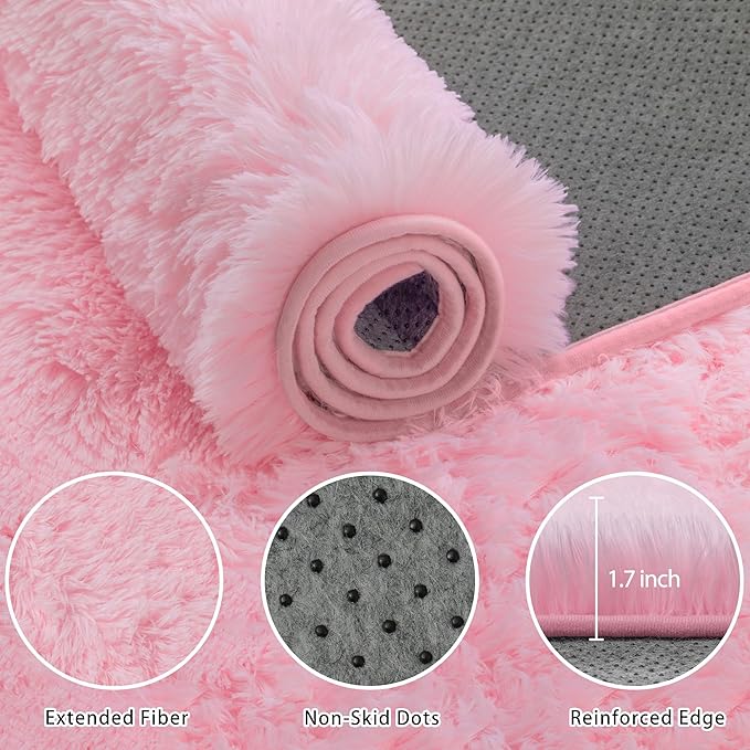 Fluffy Pink Area Rug for Bedroom Living Room Soft 8x10 Fuzzy Washable Rugs Non-Shedding Indoor Plush Rug for Nursery Kids Room Dorm Room Home Decor, High Pile Shaggy Floor Carpets(Pink 8'x10')