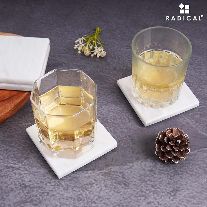 Radicaln White Marble Coasters Set of 6 Handmade 3.5" Inch Square Coasters for Drinks, Elegant Stone Coasters for Home, Office & Kitchen Decor