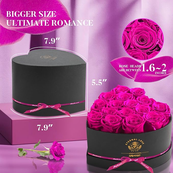 Impouo 16 Pcs Preserved Flowers Rose in a Heart Shape Box,Preserved Flowers,Gifts for Women,Mothers' Day,Valentine's Day or Valentine’s Day,Pink Roses