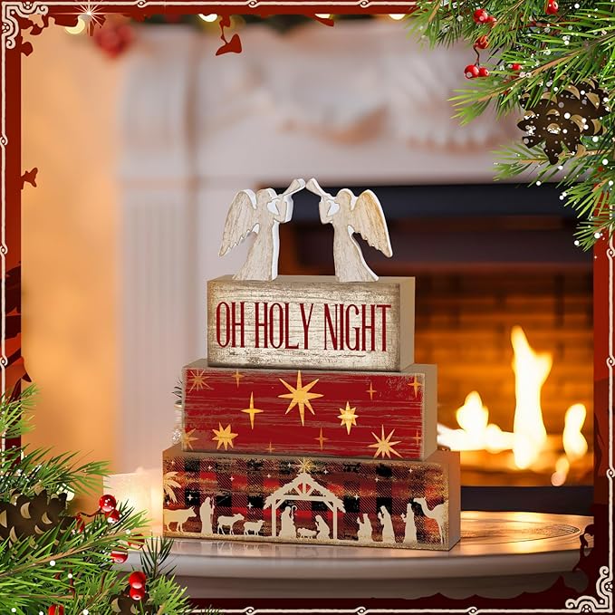 Moucuny 4 Pcs Wooden Christmas Nativity Tiered Tray Decor Rustic Wood Angel Block Sign Gift Kitchen Centerpiece Nativity Scene Table Decor (Jesus)