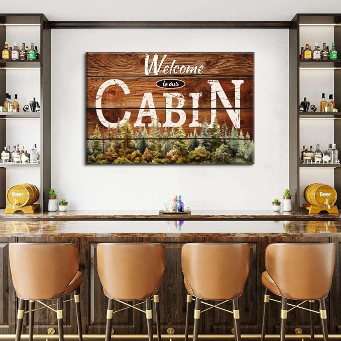 Rustic Cabin Wall Art Brown Woodland Nursery Wall Decor for Living Room Vintage Farmhouse Forest Grain Background Prints Welcome to our Cabin Picture Modern Artwork Bedroom Cave Home Decoration 32x48"