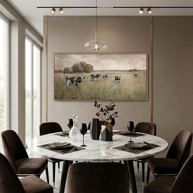 YDYSUNE Cow Pasture Wall Art - Rustic Landscape Canvas Print,Beige and Black Farm Animal Framed Picture,Grazing Cows Painting for Living Room Bedroom Country Kitchen Decor Artwork Size 24×48inch
