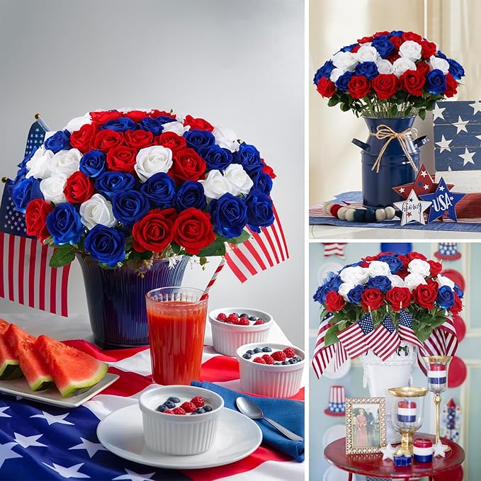 Hananona Artificial Roses in Bulk, Fake Velvet Silk Roses Realistic Roses for 4th July Wedding Centerpieces Independence Day Flower Arrangement Home Decor (50, Red, White, Blue)