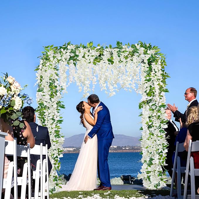 Sggvecsy 6Pcs Wisteria Garland Artificial Flowers Garland Fake Hanging Wisteria Vines Rattan Silk Hanging Flower Vines for Home Garden Outdoor Wedding Arch Party Ceremony Total 35.4Ft (White)