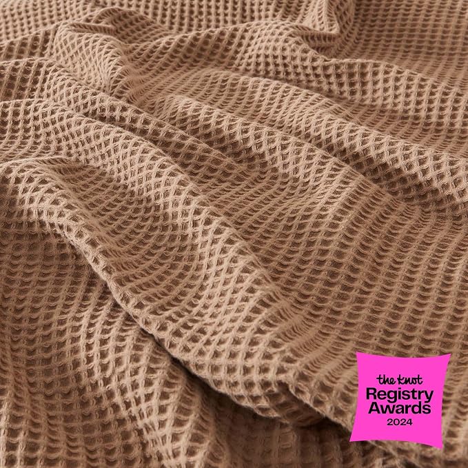 100% Cotton Taupe Blanket Full/Queen Size for Bed - Breathable and Soft, Waffle Weave for Summer Spring, 90x90 Inches (Toffee)