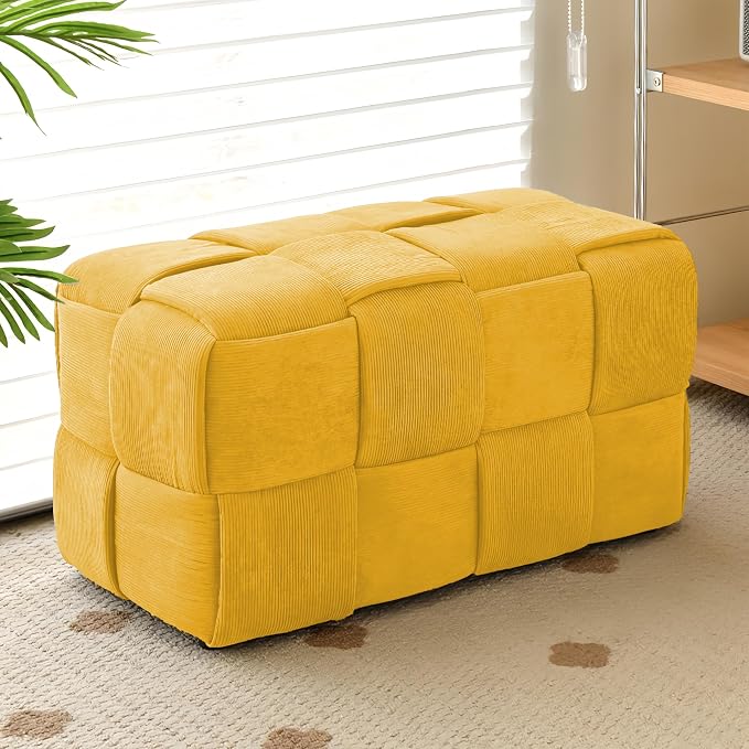 Cmishe 28" Rectangular Woven Corduroy Ottoman Footrest - Large Modern Entryway Bench & Bed End Stool, Sturdy Wood Frame, No Assembly (Yellow-L)
