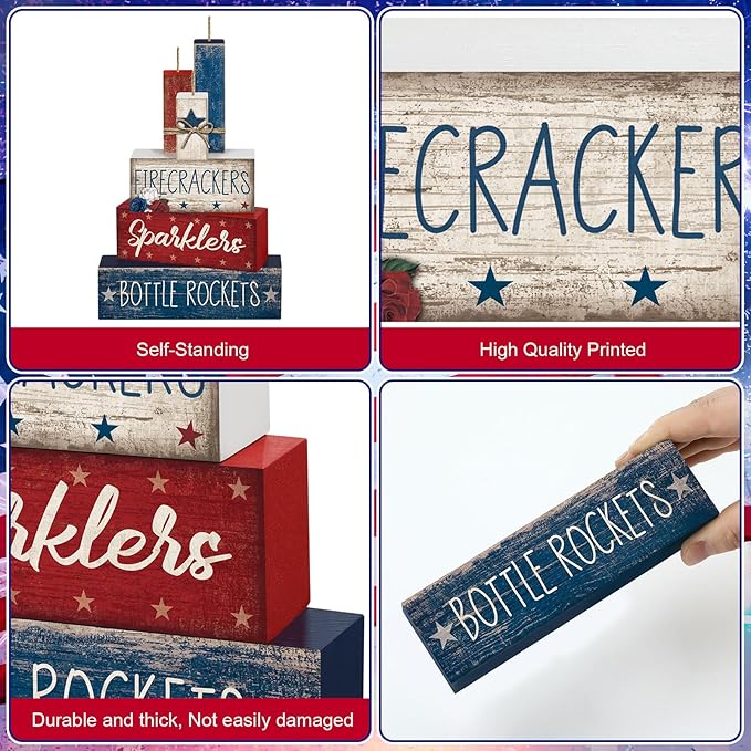 CroBlissful 4 Pcs 4th of July Decorations Patriotic Memorial Day Tabletop Decorations Red White Blue Table Centerpieces Sign for Office Tiered Tray Home Shelf 250th Anniversary(Firecrackers)