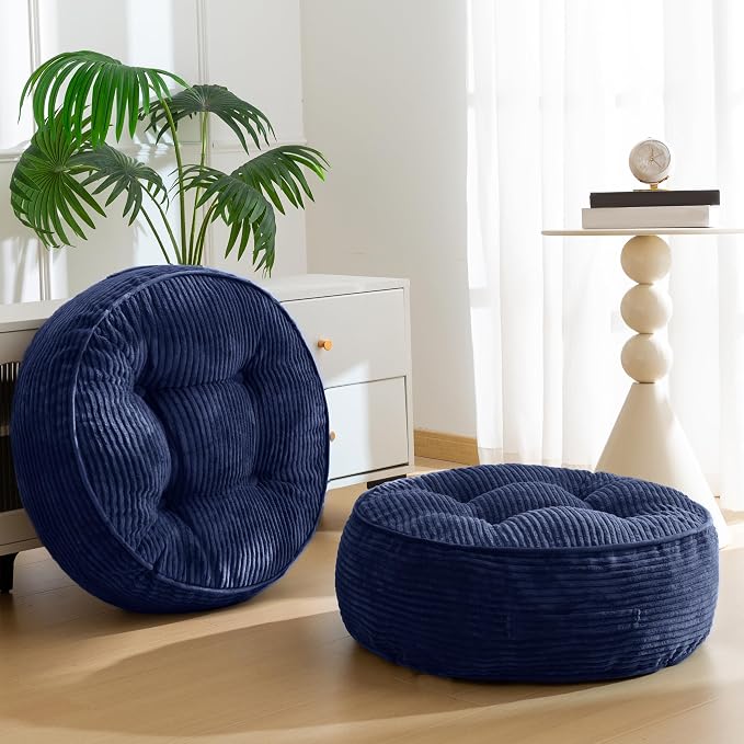 HIGOGOGO 8" Extra Thick Floor Pillow Cushion for Adults, Meditation Cushion Pillow, Large Round Floor Sitting, Tufted Corduroy Cover, for Tatami Living Room or Yoga, 22x22 Inch, 2Pack, Navy