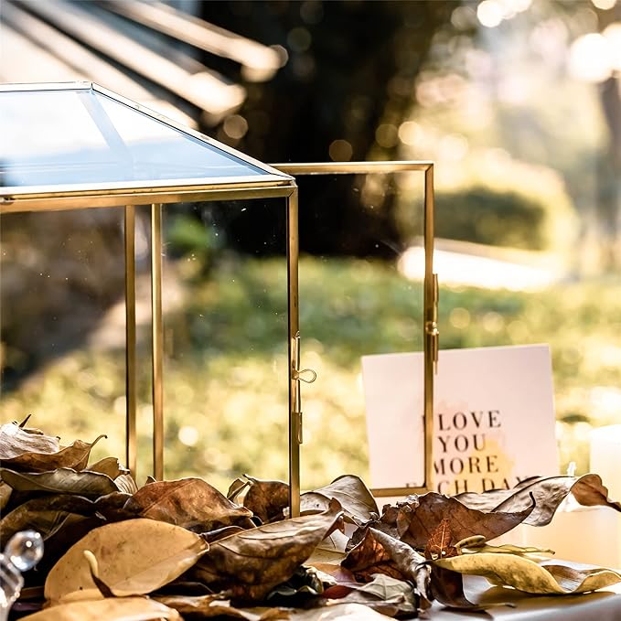 NCYP 12.6" x 5.9" x 9" Glass Wedding Cards Box with Slot and Lock for Party Reception, Centerpiece, Home Decorative, Gold (Glass Box Only) Slot Length 7.3 Inches