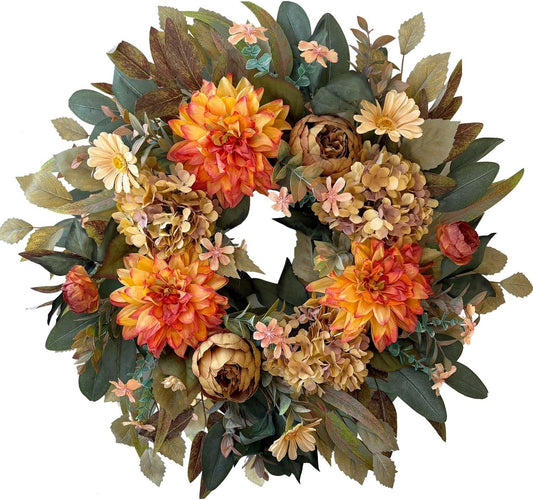 WANNA-CUL 24 Inch Spring Fall Wreaths for Front Door,Fall Wreath with Orange Hydrangea&Peony and Dahlia Flowers-Fall Decoration for Home-Large Fall Decor Door Wreath for Autumn,Harvest