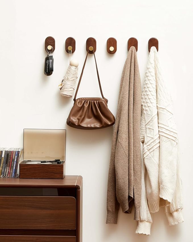 Wood Coat Hooks Wall Mount - Modern Walnut Coat Hook with Brass Accent for Hanging Clothes,Keys,Purse,Robes,Towel,Backpacks, Single Brass Wall Hooks Heavy Duty for Entryway, Closet, Bathroom (6 Pack)