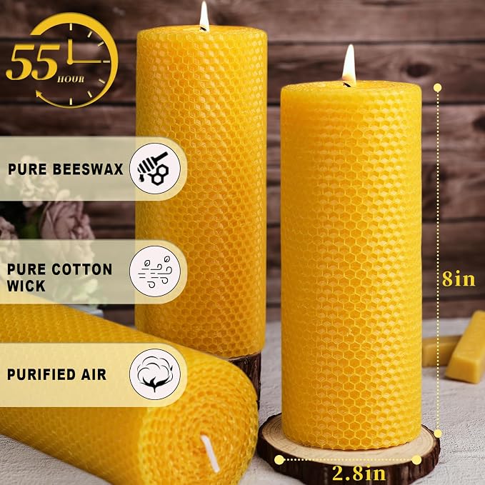 4 Pack Large Beeswax Pillar Candles, 2.8x8 Inch Pure Natural Beeswax Candles 200 Hours Emergency Candle, Organic Unscented Bees Wax Candles for Home, Paryer, Party
