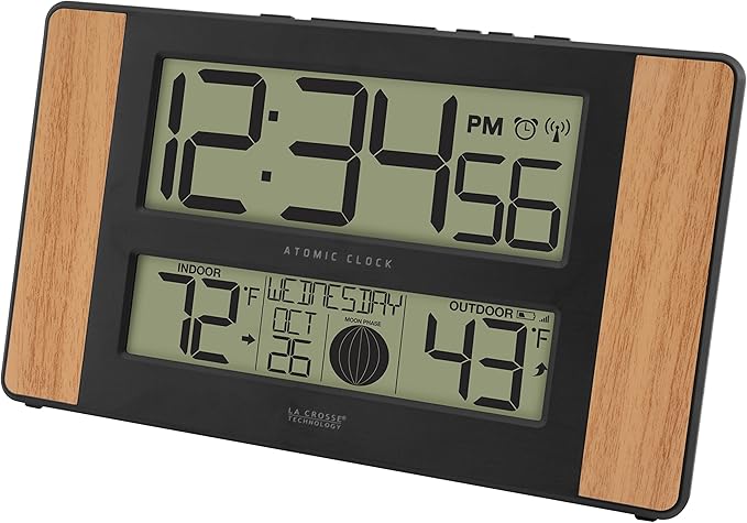 La Crosse Technology Atomic Digital Clock with Outdoor Temperature, Wood Oak, 0