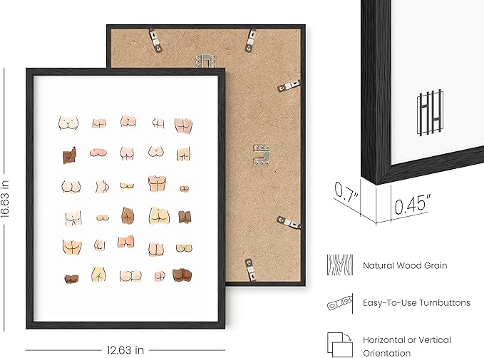 HAUS AND HUES Funny Bathroom Decor | Butts Collage Poster, Black Framed Wall Art, Guest Bathroom Humor Sign | 12"x16"