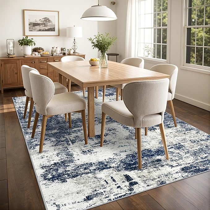 8x10 Area Rug for Living Room Bedroom: Abstract Washable Rug with Anti-Slip Backing Non-Shedding Stain-Resistant Soft Large Carpet for Dining Room Nursery Home Office - Gray/Blue