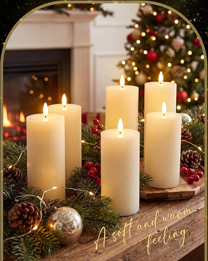 VIHOSE 6 Pack Lvory White Flameless Candles Set with Remote and Timer Flickering Flameless Battery Candles Flat Top LED Pillar for Wedding Outdoor Festival Decoration(Striped, D 3'' H 6'' 7'' 8'')