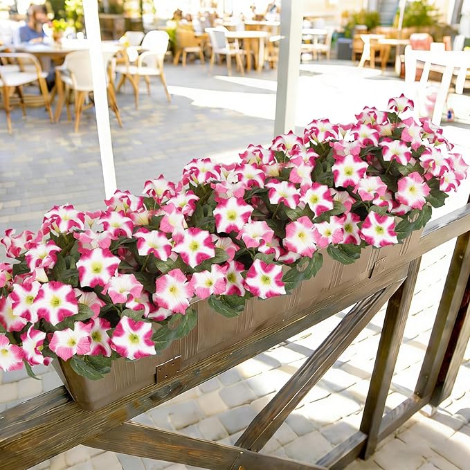 Artificial Flowers for Outdoors, Faux Petunias Spring Summer Decoration, Fake Flowers Plants UV Resistant Look Real Silk Flowers for Outside Planter Front Door Porch Patio Yard (12, Pink-White)
