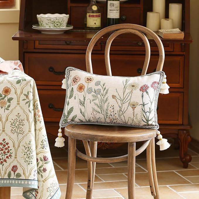ISAENNE Designer Linen Throw Pillow Cover,Set of 2,20"x12"-Serenity D | French Elegant Rectangle Decor Pillow Cover,Concealed Zipper Design,Light Beige,Sofa,Bedroom,Living Room,Chairs