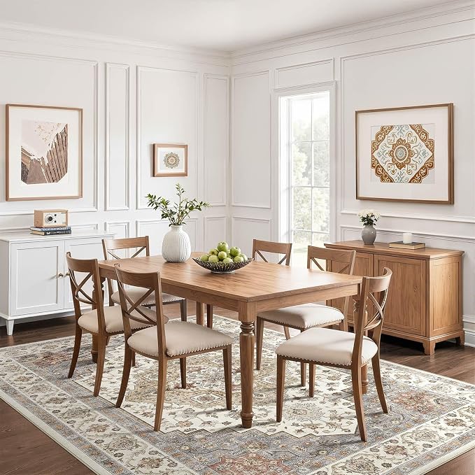 7x9 Area Rug Living Room: Washable Boho Large Neutral Vintage Soft Rugs Stain Resistant Farmhouse Non-Slip Indoor Floor Carpet for Bedroom Nursery Kids Playroom Office Dining Room- Orange Beige