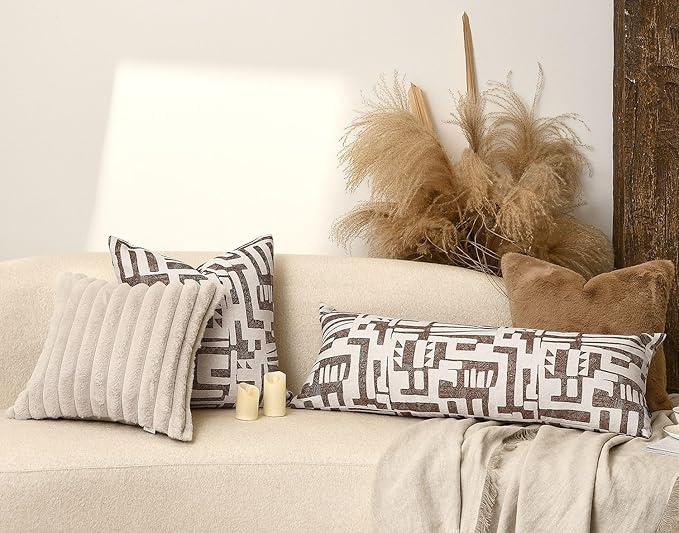 Long Lumbar Pillow Cushion Cover 14x36, Double Sided Modern Geometric High-Density Jacquard Polyester Pillow Cover for Sofa, Bed, Bench, Bedroom, Living Room (Brown)