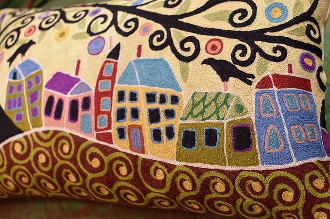 Yellow Tree of Life Pillow Cover | Karla Gerard Floral Pillows | Floral Couch Cushion | Kids Room Pillowcase | Gold Plant Toss Pillows | Hand Embroidered Cushions Wool Size - 14x24
