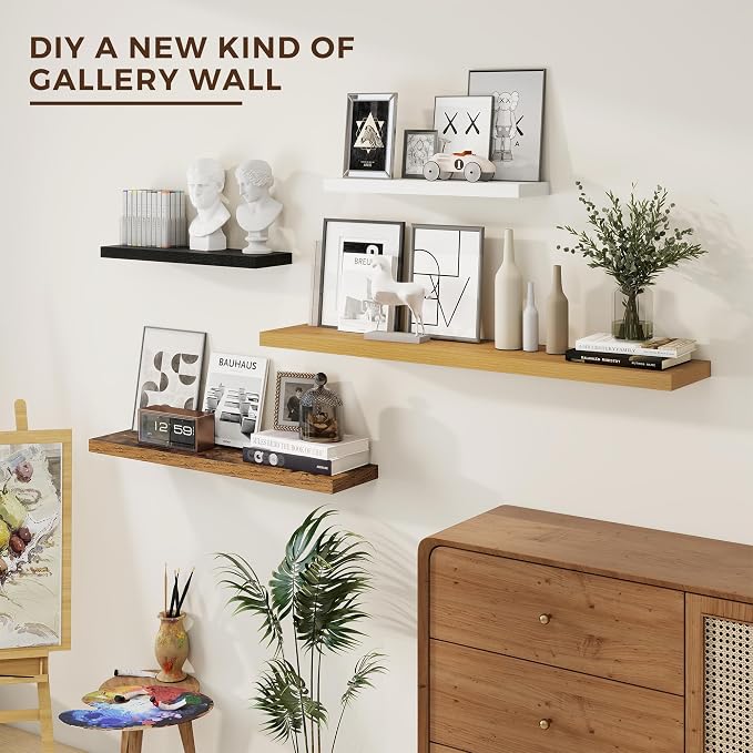 Dreamland 24Inch Floating Shelves 6.7" Deep Wall Mounted Set of 2 Oak | Wall shelves for bathroom, bedroom, kitchen, deep wall mount wood storage display for home decor 24" x 6.7"