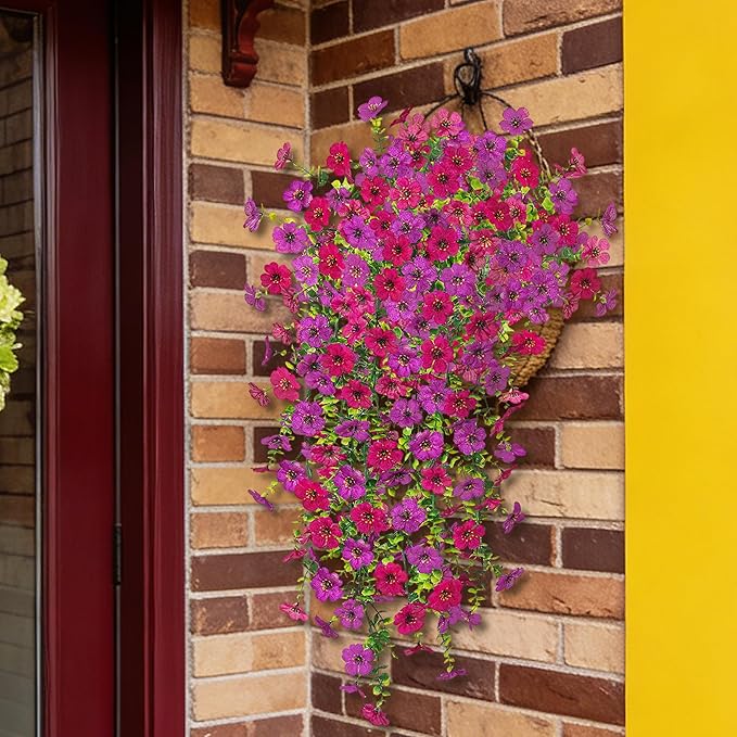 Ammyoo 2Pcs Fake Hanging Flowers for Outdoor Decoration Artificial Hanging Flowers Realistic Daisy Plants UV Resistant, Faux Silk Flower for Porch Patio Window Box Outside Decor(Fuchsia Purple)