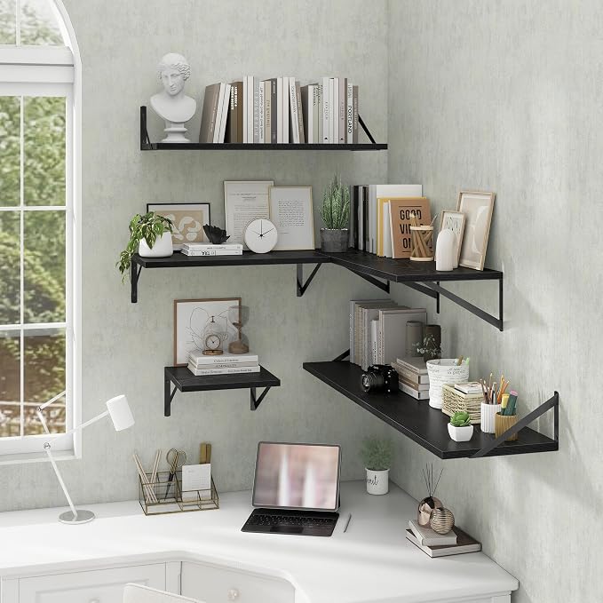 Acovy Deep Floating Shelves Wall Mounted, 24"x12" Black Wall Shelves with Brackets Set of 2 for Bedroom, Living Room, Bathroom, Kitchen, Office - Storage & Display Shelf for Decor, Books, Plants
