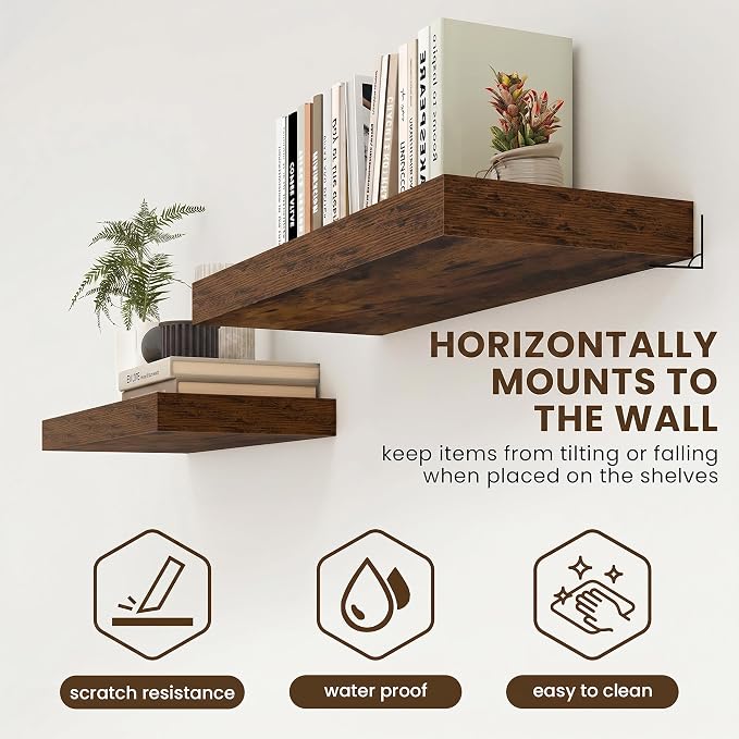 FLYJOE 20 Inch Floating Shelves, 12 Inch Deep Floating Shelves Set of 2, 20''W x 12''D Rustic Brown Wood Shelves for Wall, Bathroom Available, Engineered Wood, Mounting Hardware Included