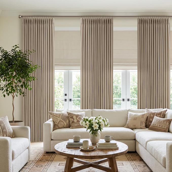 108 Inches Pleated Linen Curtains 2 Panels for Living Room Bedroom Tan Bohemian Memory Training Light Filtering Flax Linen Pinch Pleat Drapes for Track System 9 ft Cottage Sliding Door Curtain 50W