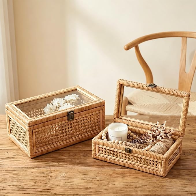 EupHHonycs Rattan Decorative Box with Lid Large Decorative Box Lid Display Rectangular Woven Boxes with Glass, Set of 2