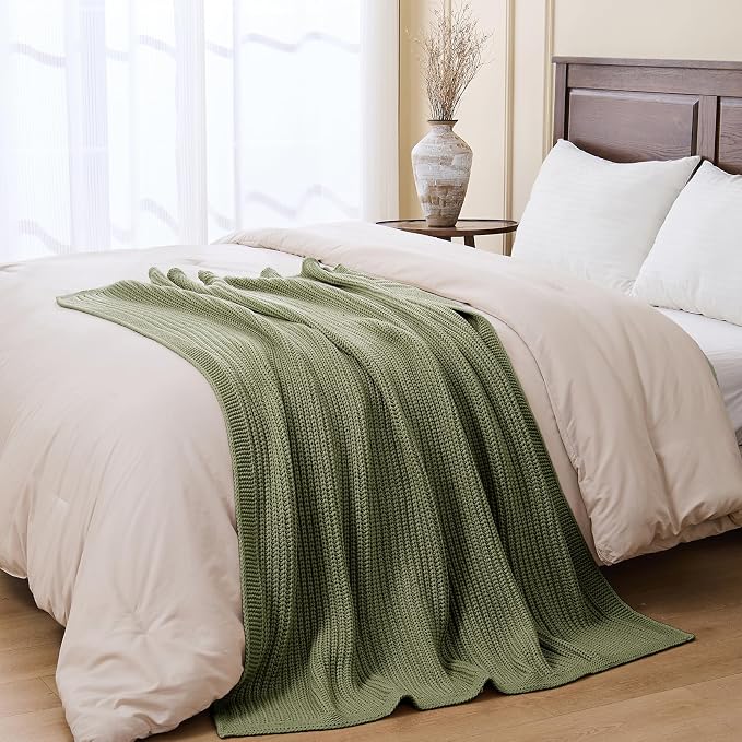 Chunky Knit Olive Green Throw Blanket for Couch 60"x80",Soft Cozy Lightweight Knitted Blanket for Couch Sofa Bed,Fisherman Cable Knit Cute Decorative Spring Throw for Living Room