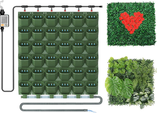 Self Watering Wall Mounted Vertical Planter, 36 Pots Wall Planter Indoor Vertical Living Green Plant Wall Easy Installation (Green with Timing System)