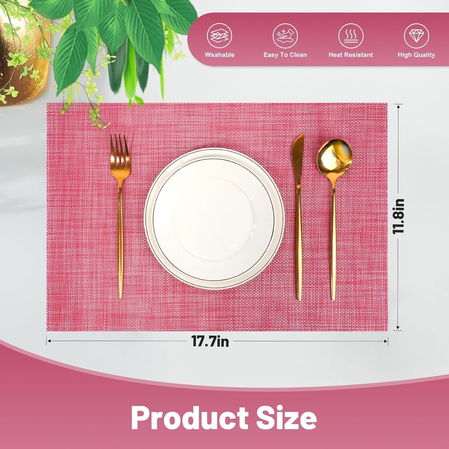 Placemats Set of 6，Non-Slip PVC Weave Table Mats Easy to Clean，Heat Resistant Place Mats for Kitchen Dining Table Decoration Indoor Outdoor，Red